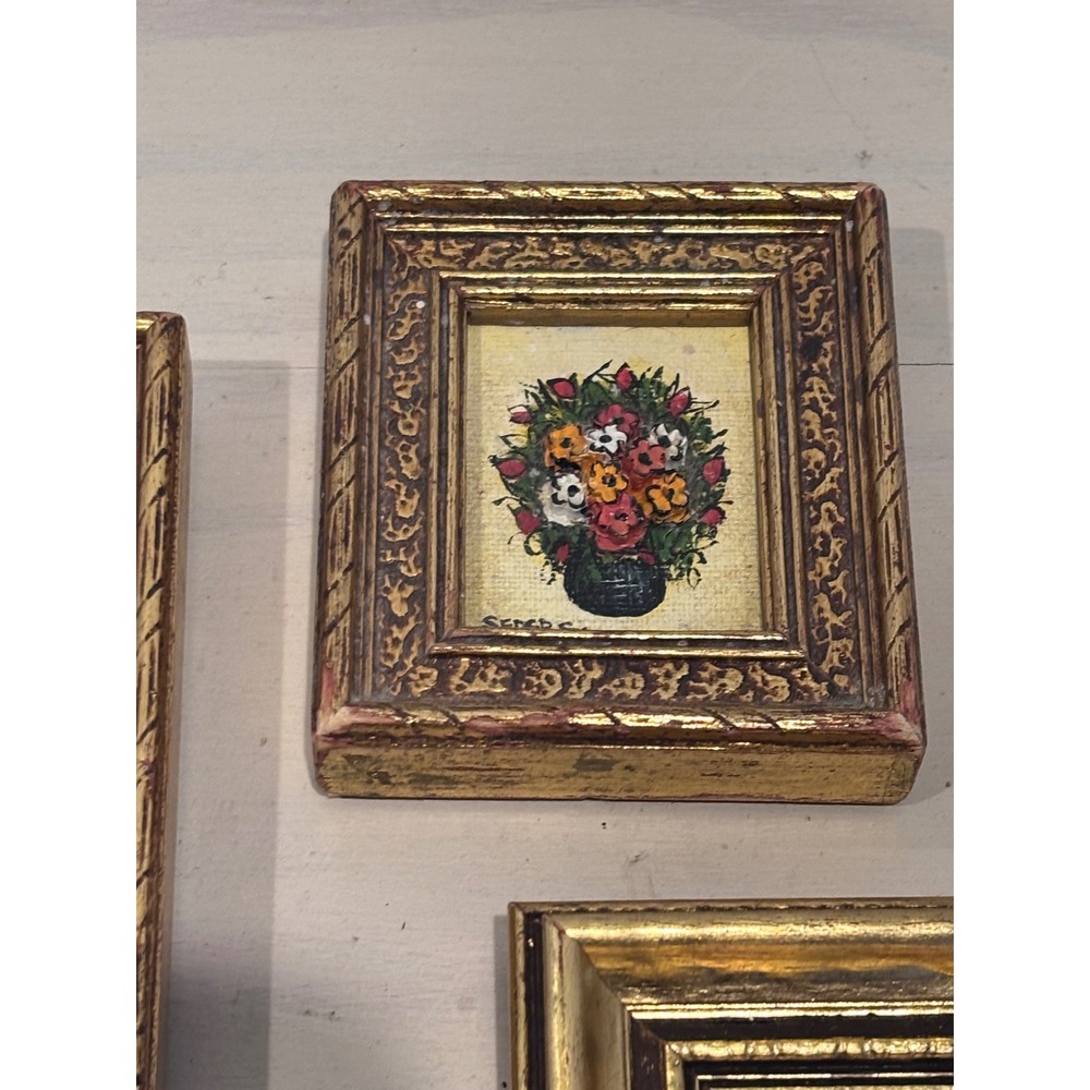 Seder C Signed Miniature Floral Oil Paintings Set of 3 Gold Ornate Frames Art - Picture 6 of 12